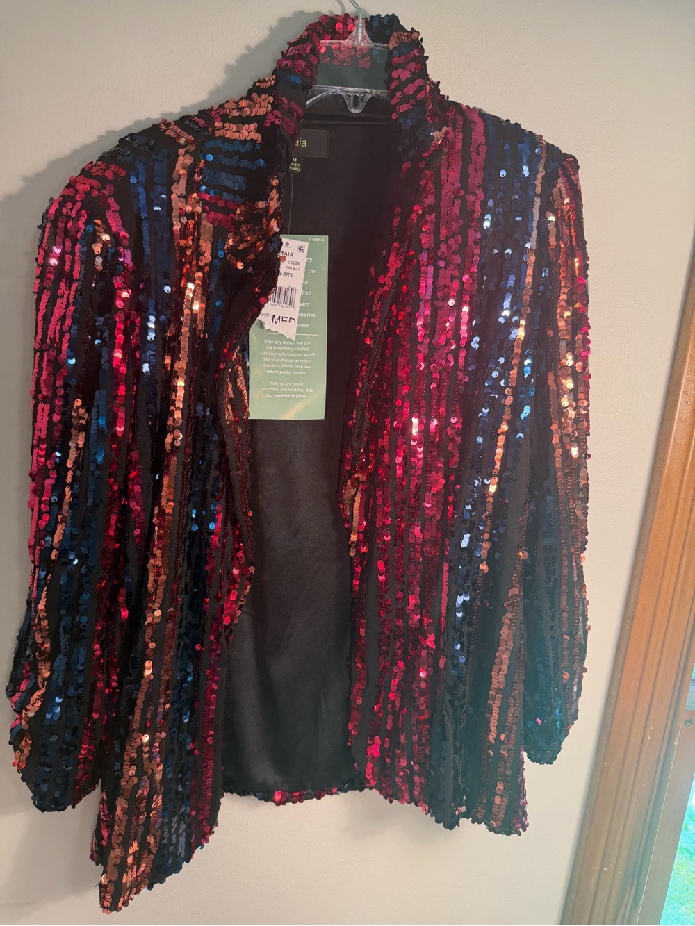 NWT MAIA Pink Multi Sequin Blazer Jacket Striped Sparkle Open Front Size Medium